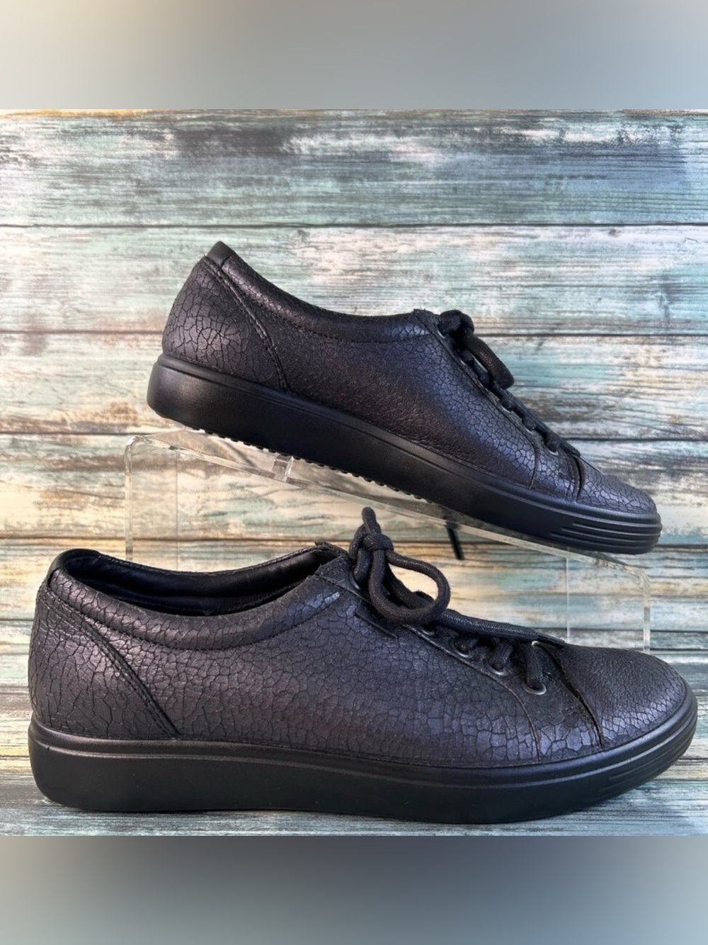 Ecco Womens Soft 7 Sneakers Size 7 Crackled Black Leather Lace Up Casual Shoes